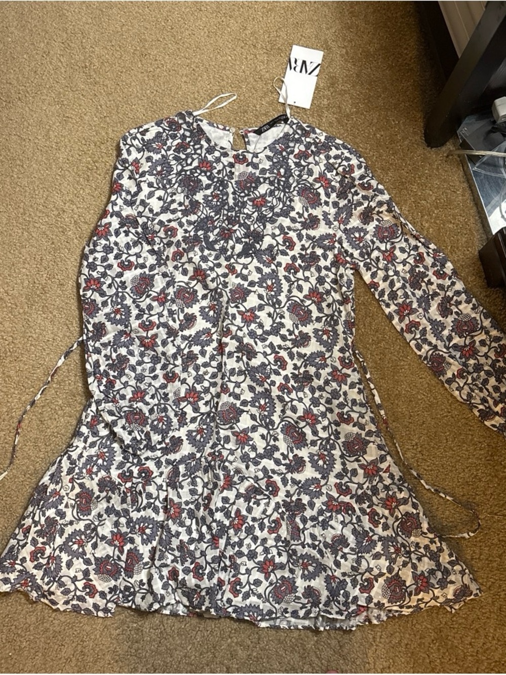 Zara White Floral Print Long Sleeve Mini Dress